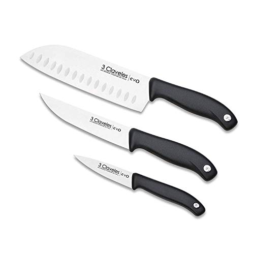 3 Claveles Set Cuchillos, Verduras 9cm + Cocina 13,5cm + Santoku 18cm, línea EVO, Acero Inoxidable