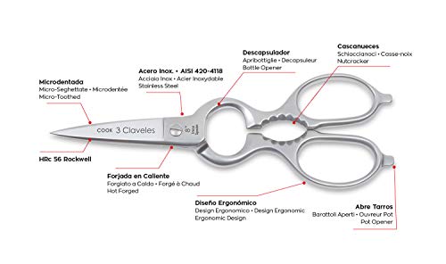 3 Claveles Tijera de cocina profesional acero inoxidable línea COOK filo microdentado multiusos para alimentos con abre botes descapsulador y cascanueces de 20 cm-8", SATIN