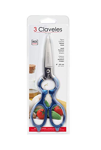 3 Claveles Varios Usos Tijera de Cocina Multiusos, Acero Inoxidable, Azul, 8"