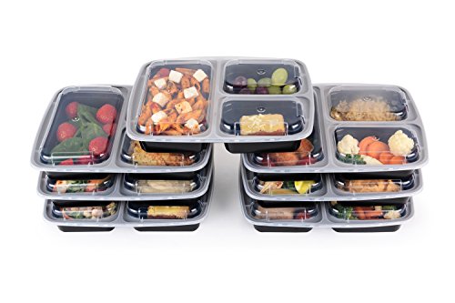 3 compartimento sin BPA comida Prep recipientes. Reutilizable fiambreras de plástico con tapas. Apilable, para microondas, congelador y lavavajillas Bento caja de almuerzo + Ebook [1L – 7 unidades]