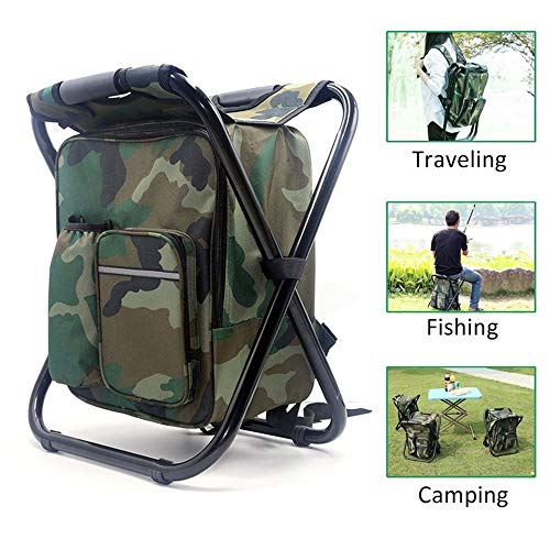 3 In 1 Mochila Plegable Aire Libre Silla Taburete Plegable Multifuncional Asiento Portátil con Bolsa Refrigeración para Acampar Pesca Senderismo Picnic Actividades Aire Libre (Black)