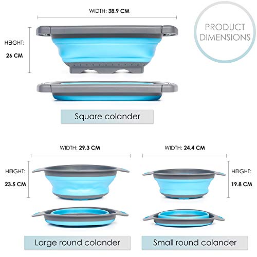 3 Piezas - Colador de Silicona Plegable, 3 Tamaños - Robusto y Sin BPA - Escurridor Extensible con Mango Antideslizante Escurrir Verduras, Frutas, Pastas, etc.