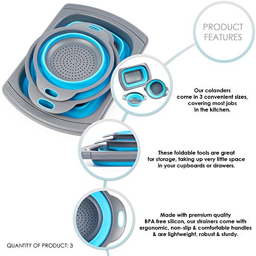 3 Piezas - Colador de Silicona Plegable, 3 Tamaños - Robusto y Sin BPA - Escurridor Extensible con Mango Antideslizante Escurrir Verduras, Frutas, Pastas, etc.