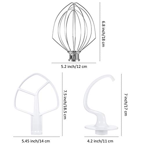 3 Piezas Reemplazos de Mezclador de 5 Cuartos Incluyes K5AB Batidor de Borde Látigo de Alambre de K5AWW Gancho de Pasta de K5ADH Compatible con Mezclador KitchenAid