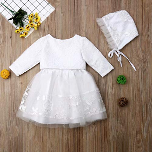 3 Piezas Vestidos de Bautizo Boda Fiesta de la Niña Vestido de la Flor del Encanje Falda de la Princesa del Cumpleaños para la Niña Falda + Chaqueta + Gorro Muchacha 0-18 Meses（Blanco 100(9-18 meses)）