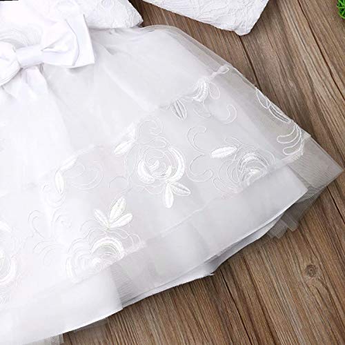 3 Piezas Vestidos de Bautizo Boda Fiesta de la Niña Vestido de la Flor del Encanje Falda de la Princesa del Cumpleaños para la Niña Falda + Chaqueta + Gorro Muchacha 0-18 Meses（Blanco 100(9-18 meses)）