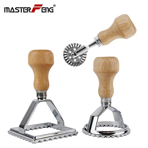 3 Set with Cutter sellos para hacer raviolis, molde para hacer pasta con mango de madera y borde acanalado