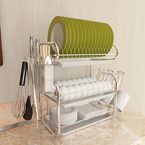 3-Tier Escurreplatos de acero inoxidable, Soportes para Platos Dish Drainer Dish Rack Holder Organización Estante con Bandeja de Goteo, Para Utensilios (A)