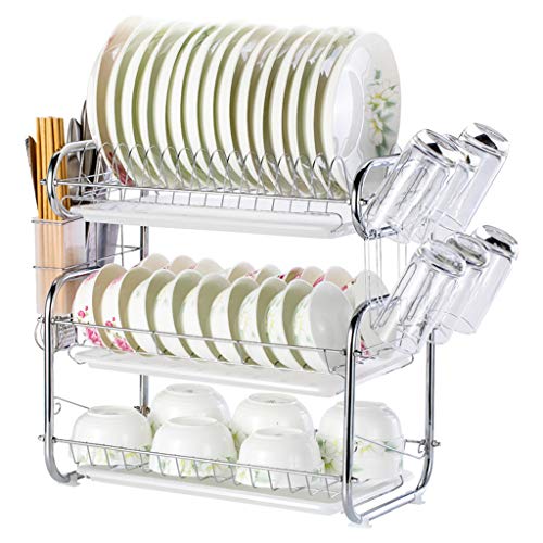 3-Tier Escurreplatos de acero inoxidable, Soportes para Platos Dish Drainer Dish Rack Holder Organización Estante con Bandeja de Goteo, Para Utensilios (A)