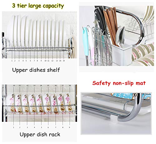 3-Tier Escurreplatos de acero inoxidable, Soportes para Platos Dish Drainer Dish Rack Holder Organización Estante con Bandeja de Goteo, Para Utensilios (B)