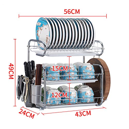 3-Tier Escurreplatos de acero inoxidable, Soportes para Platos Dish Drainer Dish Rack Holder Organización Estante con Bandeja de Goteo, Para Utensilios (B)