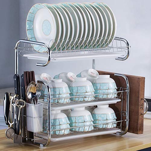 3-Tier Escurreplatos de acero inoxidable, Soportes para Platos Dish Drainer Dish Rack Holder Organización Estante con Bandeja de Goteo, Para Utensilios (B)