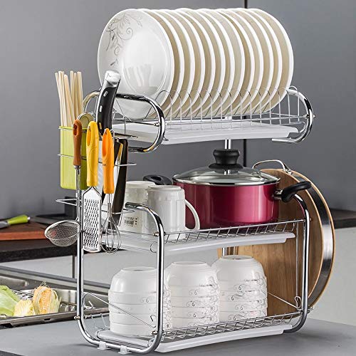 3-Tier Escurreplatos de acero inoxidable, Soportes para Platos Dish Drainer Dish Rack Holder Organización Estante con Bandeja de Goteo, Para Utensilios (B)