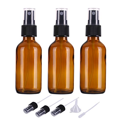 3 X Botellas de Spray de Vidrio ámbar vacías de 60 ml para aceites Esenciales, Botellas de Spray de Niebla Fina de Viaje Recargables pequeñas, limpiadores caseros y dispensador de Niebla Fina