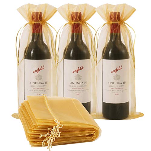 30 bolsas de vino organza, 30 unidades de 14 1/3 x 6 1/3 pulgadas botella de vino bolsa de regalo con cordón para bodas, cumpleaños, fiestas, regalos, decoración (dorado, 750 ml)