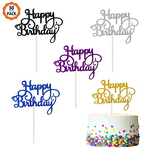 30 piezas Cake Topper Happy Birthday Cake Decorations Tarjeta de brillo personalizada Tarjeta de pastel de fiesta de cumpleaños Decoración de pastel de brillo multicolor