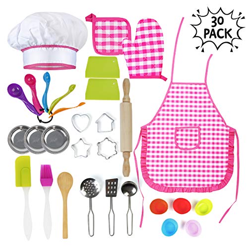 30 Piezas Juego de Cocina para Niñas, Juego Chef Cocinero| Materiales de Primera Calidad| Gorro Delantal Rodillo Cortador de Galletas Guantes Horno Utensilios etc| Regalo Cumpleaños Navidad Ideal.