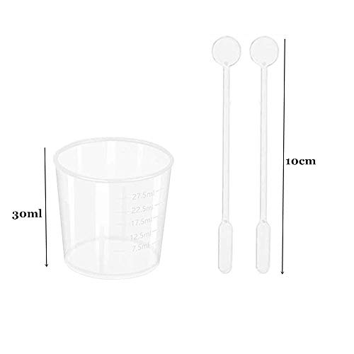 30 vasos de medición de plástico de 30 ml, vasos de escala transparente, tazas de mezcla de resina epoxi con 30 barras de agitación, tazas graduadas para mezclar pintura, manchas, epoxi