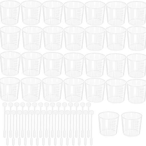 30 vasos de medición de plástico de 30 ml, vasos de escala transparente, tazas de mezcla de resina epoxi con 30 barras de agitación, tazas graduadas para mezclar pintura, manchas, epoxi