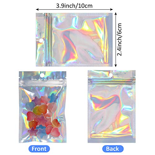 300 Bolsas de Mylar Resellables Bolsa a Prueba de Olores Bolsa Ziplock de Plástico de Embalaje de Papel Aluminio Con Agujeros de Elevación para Dulces, Color Arcoíris Holográfico, 2,4 x 3,9 Pulgadas