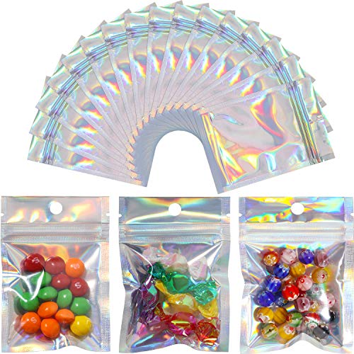 300 Bolsas de Mylar Resellables Bolsa a Prueba de Olores Bolsa Ziplock de Plástico de Embalaje de Papel Aluminio Con Agujeros de Elevación para Dulces, Color Arcoíris Holográfico, 2,4 x 3,9 Pulgadas