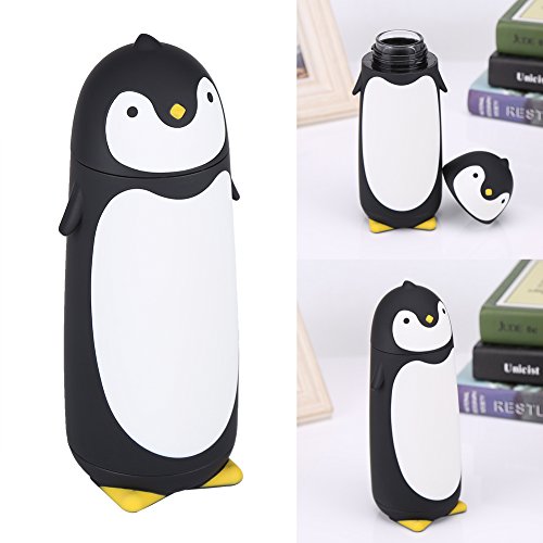 300ml Botella de Agua de Cristal Linda Pingüino Taza de Agua Para Viaje Taza de Capa Doble Para Niños(Negro)