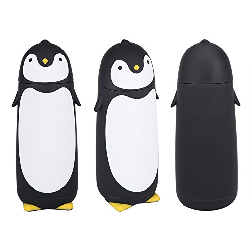 300ml Botella de Agua de Cristal Linda Pingüino Taza de Agua Para Viaje Taza de Capa Doble Para Niños(Negro)