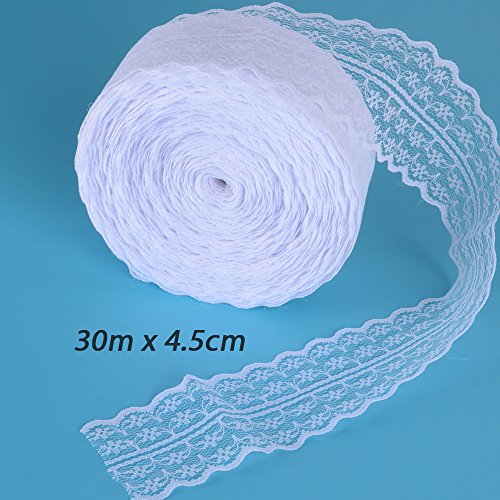 30m Encaje Cinta Blanco 4,5cm Encaje Rollo Decorativo para Novia Nupcial de Boda para Decoración Manualidades Bricolaje DIY Borde Festoneado