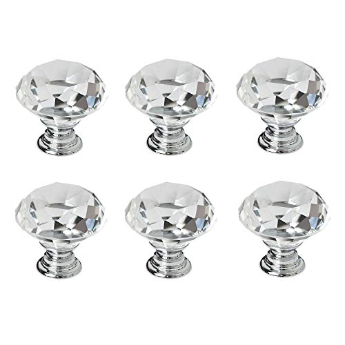 30mm Vintage Pomo de Cristal Diamante, NIAGUOJI 6 Piezas Pomos y Tiradores de Muebles, Pomos Comodas, Pomos de cristal acrílico transparente con corte de diamante