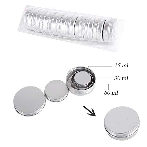 30pcs Latas de Aluminio Vacías (15ml, 30ml, 60ml) Contenedor de Cosméticos Redondo Tarros Vacíos Pequeños Bote Cierre Roscado para Crema Bálsamo Labial Aceite Viajes Almacenamiento Vela Jabón