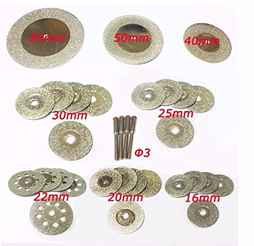 32 piezas de corte con diamante de Dremel Rotary. Minihojas en forma de disco para sierra. 16/20/22/25/30/40/50/60 mm. Herramientas para piedras preciosas, cristal o piedra (incluye 4 ejes de torno)