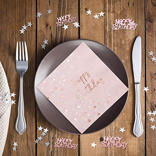 32 piezas Servilletas Cumpleaños, servilletas de papel de oro rosa para decoraciones de fiesta, 30g Happy Birthday confeti de oro rosa con lentejuelas de estrellas plateadas