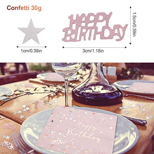 32 piezas Servilletas Cumpleaños, servilletas de papel de oro rosa para decoraciones de fiesta, 30g Happy Birthday confeti de oro rosa con lentejuelas de estrellas plateadas