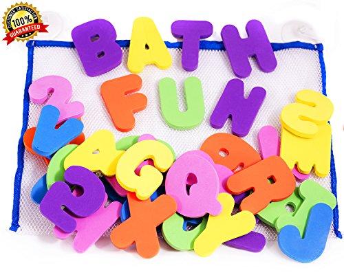 36 Letras y números de baño con organizador. Los mejores juguetes de baño educativos con organizador premium y no tóxico sin BPA en las letras de foami. El regalo perfecto para los niños.