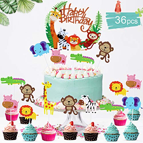 36 Piezas Animales Decoraciones Torta para Decorar la Tarta de Niños Cumpleaños, Feliz Cumpleaños Pastel Topper Tema Selva de Niños Fiesta, Cupcake Toppers Fuentes del Partido