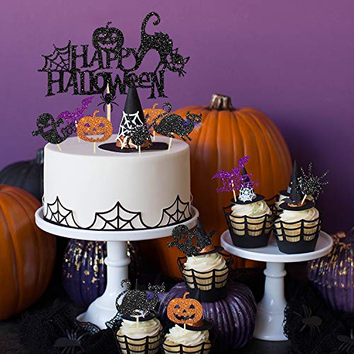 37 piezas de decoración para tarta de Halloween con forma de bruja fantasma murciélago, calabaza, araña, gato, negro, magdalenas, decoración para fiestas de Halloween