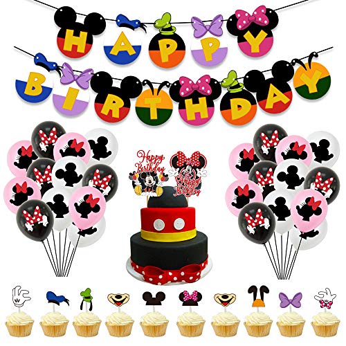 37 Piezas Decoraciones de Cumpleaños de Mickey Mouse, Artículos para la Fiesta de Minnie Mouse, Pancarta de Feliz Cumpleaños, Globos y Adornos para Tartas, para Cumpleaños, Fiesta, Baby Shower