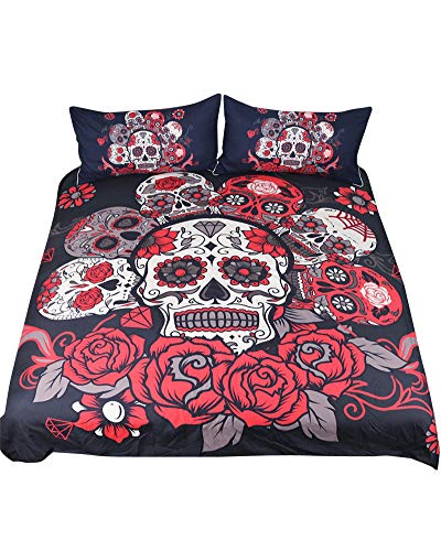 3D Juego De Cama Juego De Ropa De Cama De Flores De Calavera con Funda De Edredón Elegante Y Estampado De Fibra De Poliéster 1 Y Fundas De Almohada 2 (3 Piezas) Estilo1 Auk