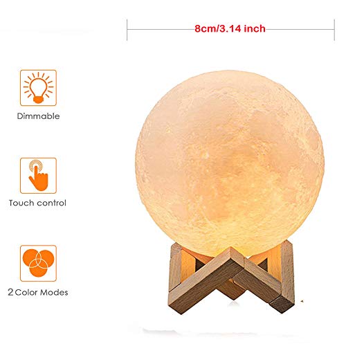 3D Lámpara Mágica de la Luna LED Lámpara de Noche Luna Llena Control Tactil Luces LED Regulables Carga Usb Lámpara De Mesa Regalo de los Niños Lámpara con Base Blanco/Blanco Cálido Iluminación (8cm)