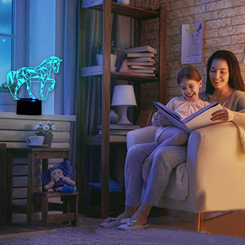 3D Lámpara óptico Illusions Luz Nocturna, EASEHOME LED Lámpara de Mesa Luces de Noche para Niños Decoración Tabla Lámpara de Escritorio 7 Colores Cambio de Botón Táctil y Cable USB, Caballo