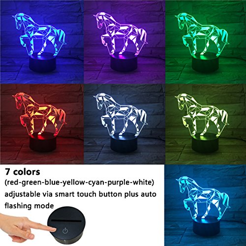 3D Lámpara óptico Illusions Luz Nocturna, EASEHOME LED Lámpara de Mesa Luces de Noche para Niños Decoración Tabla Lámpara de Escritorio 7 Colores Cambio de Botón Táctil y Cable USB, Caballo