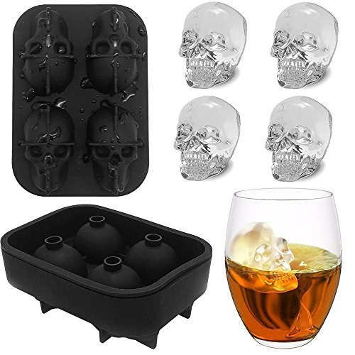 3D Stereo - Bandeja para cubitos de hielo, 4 huecos, bandeja de grado alimenticio, moldes de calaveras para whisky, cócteles, helados de dulces y chocolate talla única negro