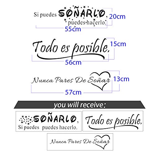 3pcs Pegatinas Citas Inspiradoras Pared Español Vinilos Frases Motivadoras Letras Stickers Adhesivos Negro Decorativos Habitación Dormitorio Salón Oficina Todo es posible