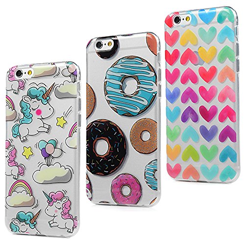 3x Funda iPhone 6s, iPhone 6 Carcasa Silicona Gel Case Ultra Delgado TPU Goma Flexible [Proceso IMD] No se descolora Anti-scrach Cover para iPhone 6/6s - Donuts + Corazones + Unicornio