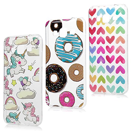 3x Funda para Samsung Galaxy J3 2016, J310 Carcasa Silicona Gel Case Ultra Delgado TPU Goma Flexible [Proceso IMD] No se descolora Anti-scrach Cover - Donuts + Corazones + Unicornio