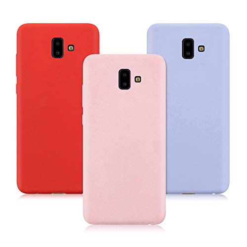 3X Funda para Samsung Galaxy J6 Plus, Ultra Delgado Color Silicona Carcasa Premium Suave Flexible TPU Gel Bumper Protectora Caso Anti-Rasguños Anti-Choque - Rosa, Púrpura, Rojo