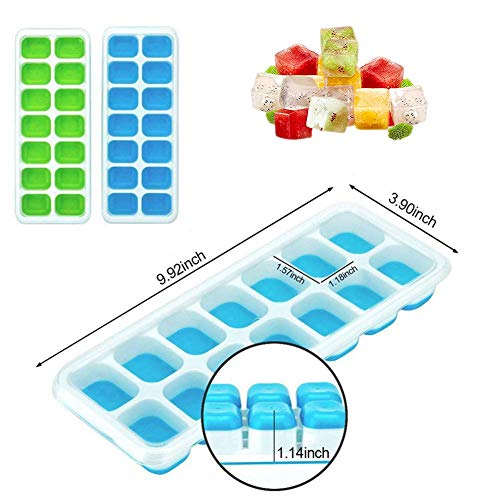 4 bandejas de cubitos de hielo con tapa, moldes de silicona para cubitos de hielo, 14 bandejas de hielo pueden hacer 56 cubitos de hielo, apilables y duraderos (azul y verde)