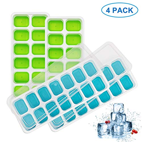 4 bandejas de cubitos de hielo con tapa, moldes de silicona para cubitos de hielo, 14 bandejas de hielo pueden hacer 56 cubitos de hielo, apilables y duraderos (azul y verde)