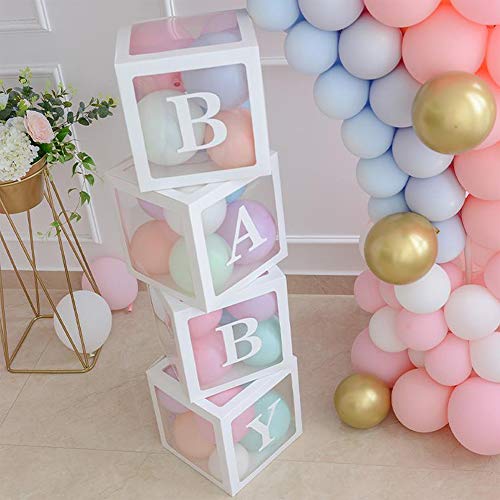 4 cajas de decoración para fiestas de baby shower, cajas de globos transparentes blancas con 30 globos y 29 letras para decoraciones navideñas de fiesta de cumpleaños de baby shower