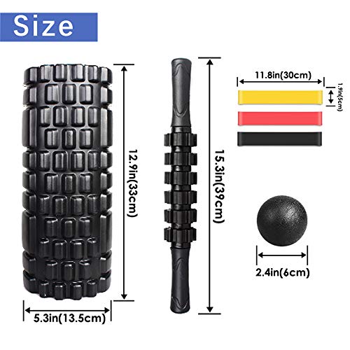 4-en-1 Foam Roller Kit , Rodillo Espuma, Rodillo Masaje, Bola de Masaje, Bandas Elasticas Fitness(3set), Rulo Masaje Muscular Fitness para Dar Masajes Profundos Relajan Músculos Rígidos y Adoloridos.